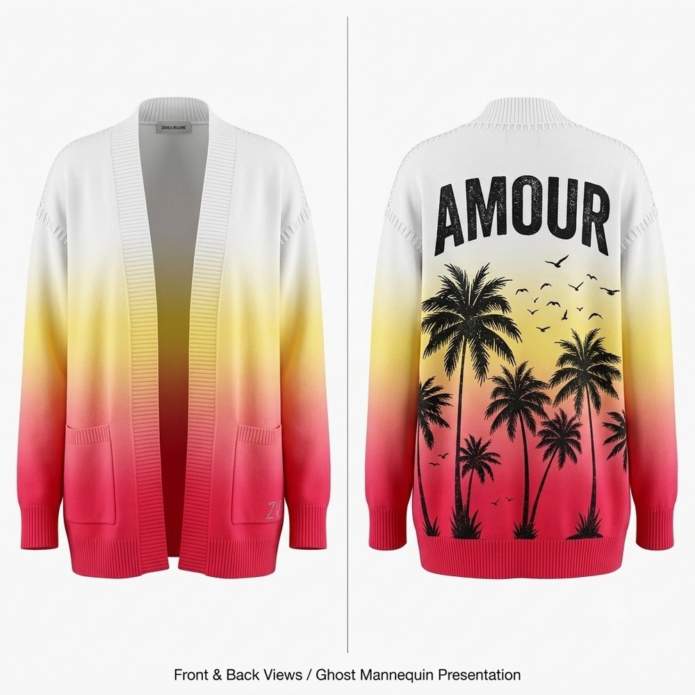 Zadig & Voltaire Austin Cardigan Amour Sunset Ombre Palm Knit Sweater L‎ NWOT